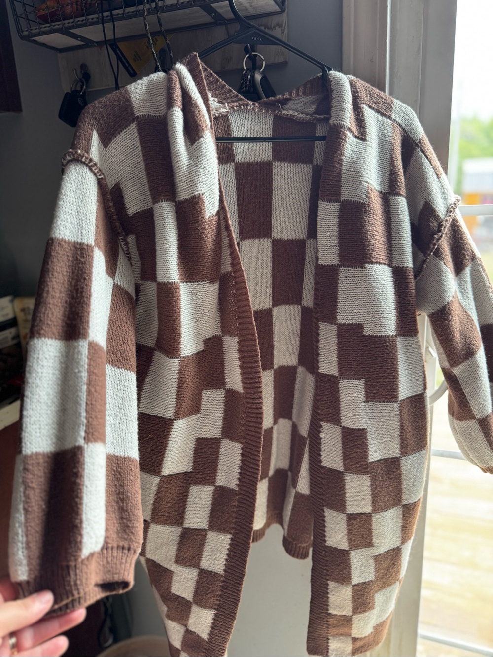 Cozy Checkerboard Open-Front Cardigan Sweater - Brown & Cream - Picture 1 of 2